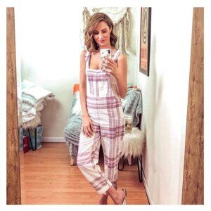 Aerie Plaid Shoulder Tie Lightweight Cotton Overalls | L